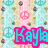 Four distinct pixel art display the name "Kayla" with peace symbols, hearts, and a rainbow arch over a globe