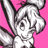 Pixelated static icon of a cartoon character with gray fur, large ears, and pink accents on a solid pink background.