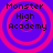 Four identical pixelated circular icons with pink concentric rings on a purple background, each displaying "Monster High Academy" text in black pixelated font.