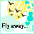 Animated icon with yellow striped circular shape, black birds flying around it, light blue cloud-like background, and text 'Fly away...' in dark gray font.