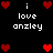 Pixel art displays "i love anzley" text with red heart symbols on black background, showing animation changes in heart arrangement and text positioning across frames.