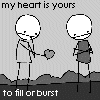 A black-and-white animated sequence shows two stick figures exchanging a heart, with text repeating 'my heart is yours' and 'to fill or burst' below.