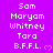 Pixelated text list on purple background with pink hearts, showing repeated names and abbreviations in white block letters.