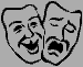 Two pairs of theatrical masks with distinct expressions on a gray background, rendered in black and white line art.