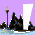 Animated sequence of white stylized text over a purple background with dark silhouettes of trees and street lamps, transitioning through