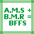 Green pixelated text on white background with green border, showing 'A.M.S + B.M.R = BFFS' in three lines