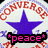 A circular icon with a white background features red "CONVERSE" text in an arc above a purple star, with additional text elements below.