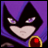 Pixelated cartoon character face with purple background, black mask-like shape covering eyes and forehead, white mouth area, red gem on golden ring at bottom right.