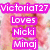 Pixelated image of a person with pink hair and white top, featuring text overlays in purple boxes.