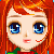Pixelated doll avatar with red hair and blue eyes in four variations showing different eye and mouth states.