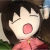 Pixelated cartoon character with short dark hair, closed eye, and open mouth showing pink tongue, wearing pink top with yellow detail.