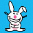 Pixelated white bunny with pink nose and feet, smiling widely on blue background; text reads 'hating you makes me all warm inside.'