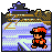 Pixel art scene showing a character in red and black clothing standing on a blue and white platform with a large mechanical structure in the background.