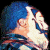 Pixelated character with blue hair and white face in profile, red-and-yellow creature with horns and star-like appendages on black background.
