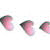 Three pixelated pink and green shapes resembling stylized mushrooms or abstract forms arranged horizontally on a white background.