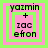 Four identical pixelated icons arranged in a , each with pink and green borders and text reading 'yazmin + zac efron' in black