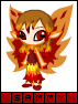 A chibi-style character with brown hair and red eyes stands against a white background, wearing a flame-patterned dress and wings.
