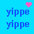 Blue background with repeated text and heart icons in pink and white, featuring 'yippe', 'yum', 'goodie', and 'gumdrop' words.