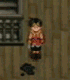 Pixelated character in red top and dark pants performs sequential actions against wooden wall with windows
