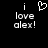 Pixelated black background with white text 'i love alex!' and a heart symbol above the text on the left side.