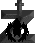 Pixelated icon of a dark, spiky-haired figure with yellow eyes and a sword above its head against gray background.