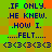 A static pixel art image with green and orange background squares, displaying repeated text lines and emoticons in dark blue font.