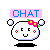 Pixelated cartoon head with pink flower crown, red cheeks, and blue 'CHAT' text above on light purple background.