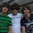 Pixelated image of three people on left, blue background with text and symbols on right.