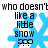 Blue snowflake-shaped icon with black text reading "who doesn't like a little snow boo" on white background, showing pixelated animation changes.