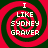 Four identical pixelated spiral icons with red and dark green concentric rings, each displaying white text reading "I LIKE SYDNEY GRAVER" in a