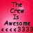 Red background with pixelated text "The Crew Is Awesome" and symbols below, displayed in a of four identical