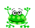 Six green pixelated frogs with large eyes and spotted bodies in various poses against a gray background.