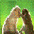 Two figures in a kissing pose against green background, one with light hair and the other dark hair.