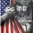 Pixelated image of an eagle with outstretched wings against a backdrop featuring red and white stripes, blue field with white stars, and dark smoke-like clouds.