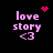 Pixelated pink text 'love story <3' on black background with animated pink heart and dot patterns above and to the right.