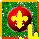 A pixelated red circular shape with a yellow cross-like symbol on green background, transitioning to an arched form over yellow ground.