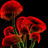 Red poppy flowers with green stems and leaves on a black background, rendered in pixelated style.