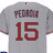 Gray baseball jersey with red text 'PEDROIA' and number 15, alongside a player in uniform with blue banner reading 'cream f', Boston Red Sox logo on black background.
