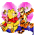 Animated contact sheet showing three frames of Winnie the Pooh and Tigger running together against a pink cloud background with blue pants visible.