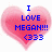 Pixelated blue text over pink hearts on white background, with partial phrases about loving someone named Megan.