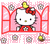 Pixelated static image of a Hello Kitty character in red dress with yellow bow, framed by pink and red borders on gray background.