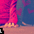 Pixelated animation of a character's lower body with pink pants and orange shoes, showing text progression from 'L' to 'LOVE YOU <3' against blue background with hearts.