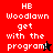 Pixelated text 'HB Woodlawn get with the program!' on red and black backgrounds with cursor and star symbols.