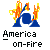A 6-frame animated contact sheet showing a pixelated drum set engulfed in orange and yellow flames with the text "America on-fire" beneath each frame.