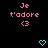 Pixelated text 'Je t'adore <3' in pink appears above a cyan heart that changes to two downward-pointing chevrons on black background.
