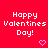 Red background with white pixelated text reading "Happy Valentines Day!" and two pink heart symbols below the text.
