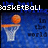 Pixelated basketball hoop with orange ball mid-air, blue background text reading 'BASKETBALL', 'In this world', and 'GAME!!'