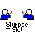 Pixelated animated sequence showing two figures in blue and red clothing interacting with a green object, with text bubbles reading 'A SIP?' and 'I FEEL USED' above them.