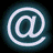 Four animated frames of a glowing @ symbol icon arranged in a 2x2 contact sheet with varying blue and white neon effects on black background.