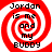 Four identical red and white spiral icons with black text reading "Jordan is me and my BUDDY" arranged in a